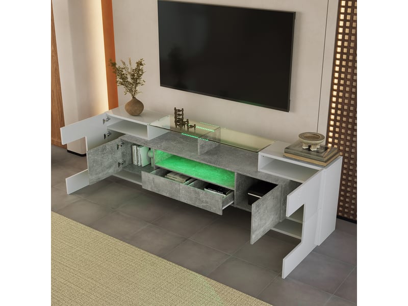  Meuble tv avec 6 portes, 2 tiroirs et 3 niches led pour salon 200×35×60 cm en mdf blanc et béton  - Conforama C