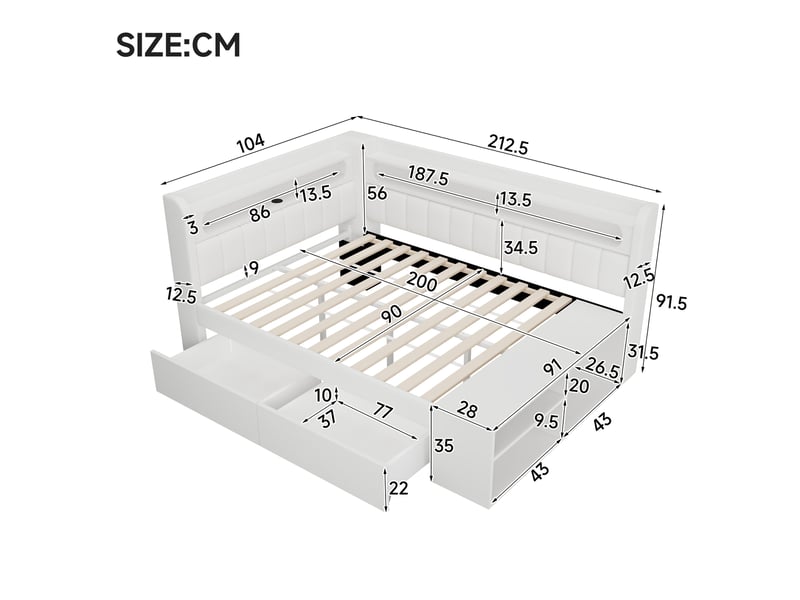  Lit banquette simple 90×200 cm avec led, usb - okmyhome- 2 tiroirs et meuble à chaussures, sans matelas, blanc  - Conforama D