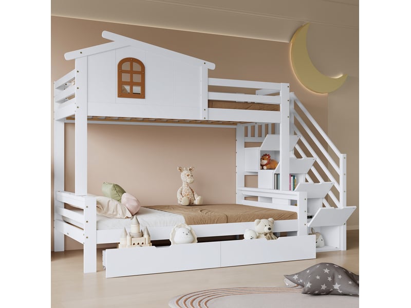  Lit superposé enfant 90x200 cm et 120x200 cm blanc et naturel avec rangements  - Conforama B