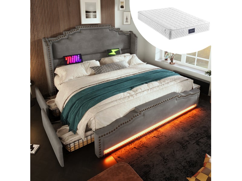  Lit coffre 140 × 200 cm 2 places avec 4 tiroirs, led réglable, usb et type-c, matelas inclus, velours gris  - Conforama B
