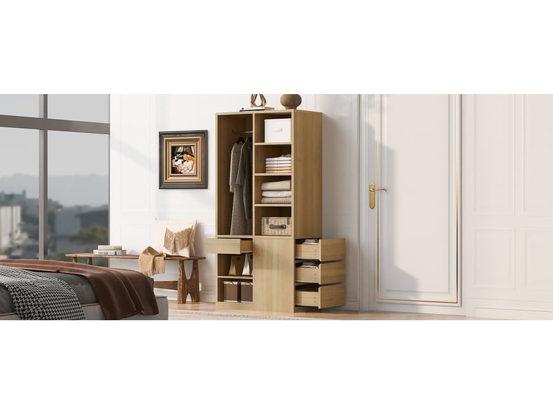 Armoire avec tiroirs, étagères ouvertes et penderie pour chambre en mdf avec grand rangement 70×50×170 cm couleur bois - Conforama E