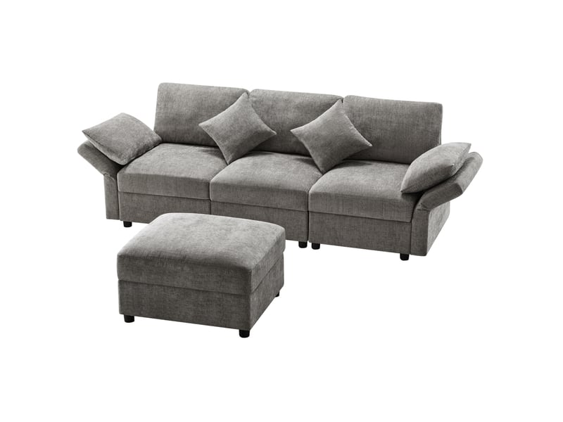  Canapé droit 218x156,5x86cm 3 places, canapé de salon, canapé de salon, structure bois et métal, tissu chenille, gris  - Conforama A