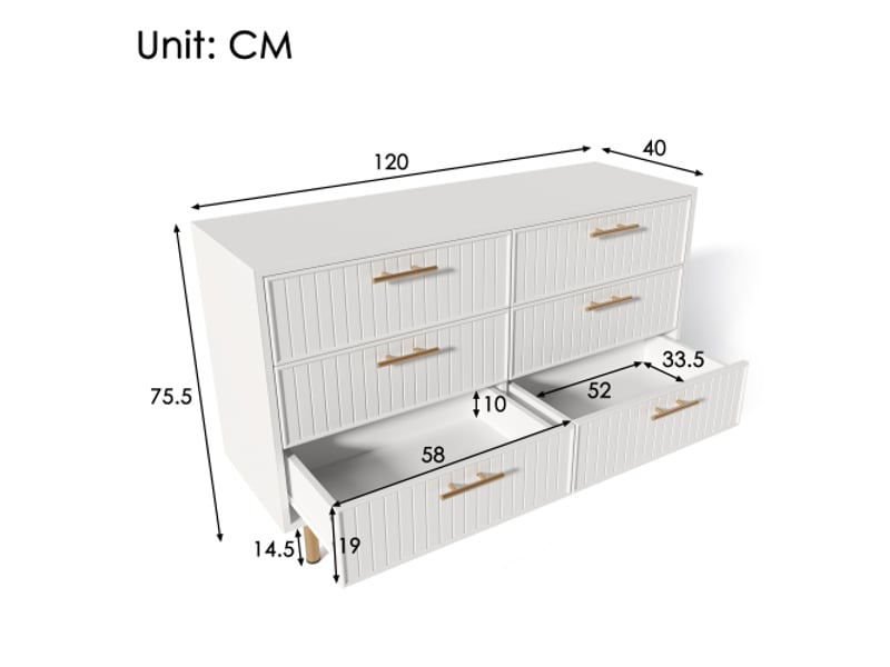  Commode 120x40x75 cm avec 6 tiroirs, buffet bas avec rangement, buffet salon en blanc, pour salon et chambre à coucher  - Conforama D
