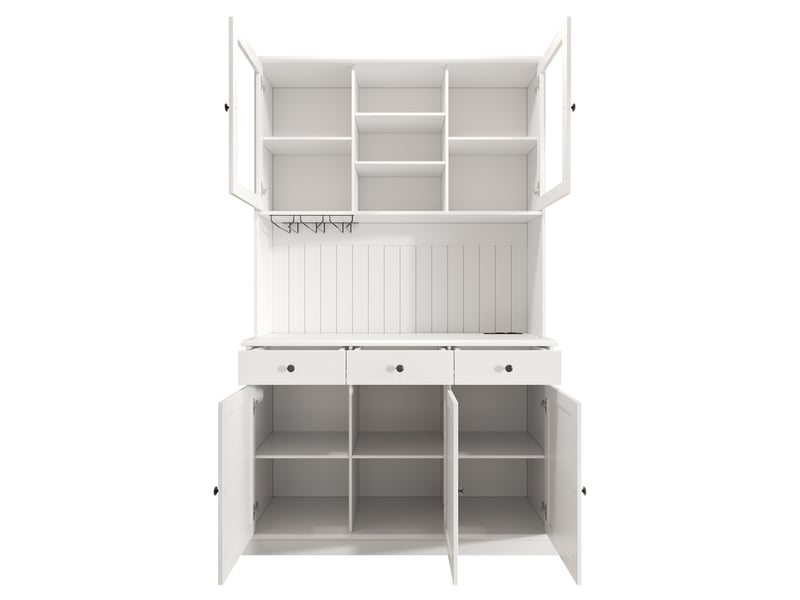 Armoire de cuisine salle à manger 120cm avec portes en verre et prises usb, armoire de rangement cuisine, vaisselier moderne blanc et noir - Conforama W