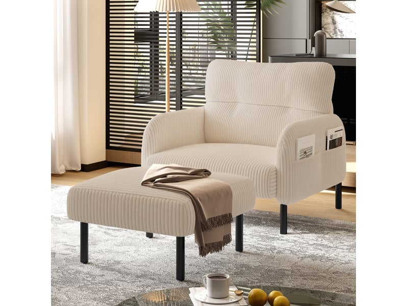  Fauteuil à assise profonde avec dossier ergonomique et poches latérales, en velours côtelé beige, 67 × 75 × 79 cm  - Conforama C