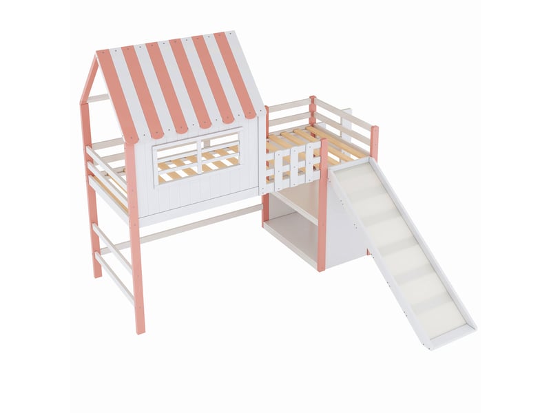 Lit mezzanine enfant rose avec toboggan 90x200 cm - bois massif et rangements intégrés - Conforama E
