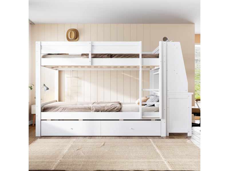  Lit superposé 2 places 140x200 cm - avec bureau, armoire, étagères et 2 tiroirs - bois blanc  - Conforama B