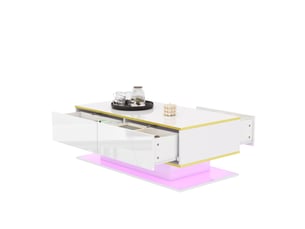 Table basse led moderne 100 cm, finition brillante, décor doré, 3 tiroirs, bandeau led usb, blanc