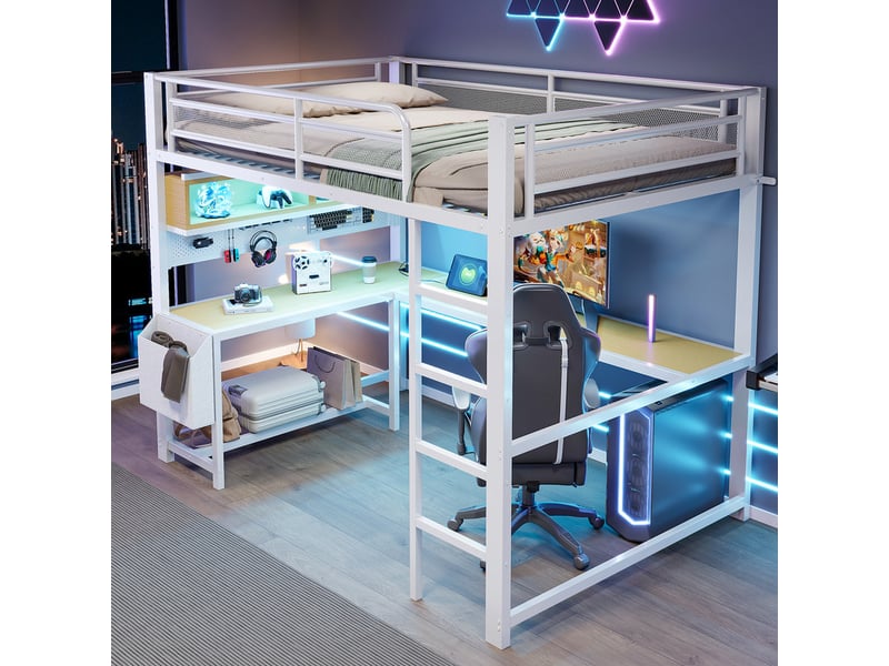  Lit mezzanine gaming 140x200 avec bureau, tablette clavier, éclairage led et station de recharge, blanc  - Conforama D