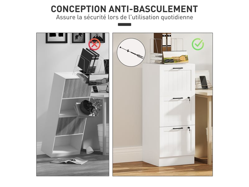  Caisson bureau, meuble rangement bois 3 tiroirs et serrure, barres de suspension réglables, blanc, 40 x 40 x 101 cm  - Conforama W