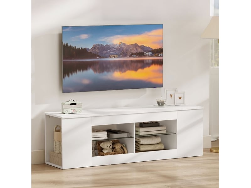 Meuble tv avec 6 niches ouvertes et 2 étagères en verre pour salon en panneaux de particules blanc 140 × 35 × 42,5 cm  - Conforama B