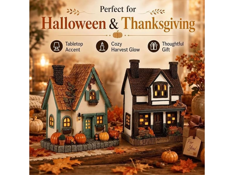  Décoration automne lumineuse 2 pièces, maison de village en résine avec led blanc chaud, décoration de table, noir et blanc  - Conforama D