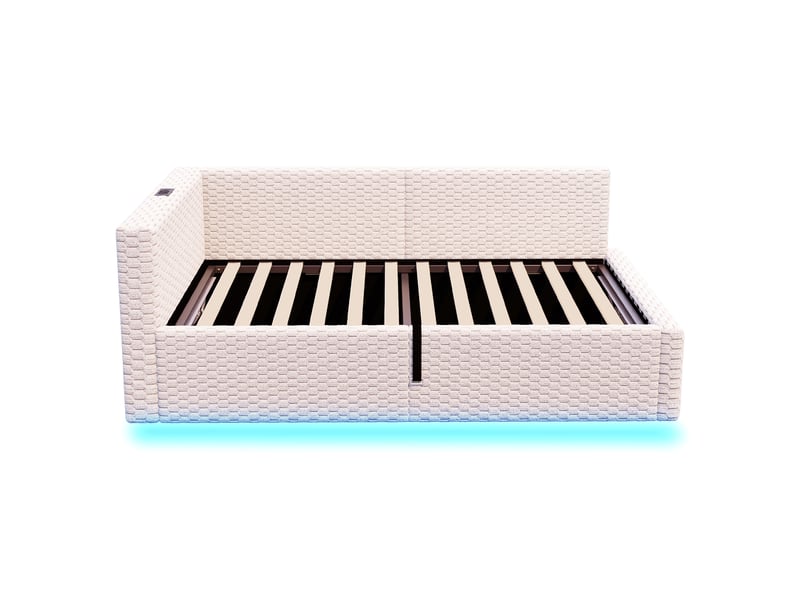 Lit tapissier 90x200 cm velours beige - coffre relevable hydraulique - dossier en l - ledusb - sans matelas - Conforama E