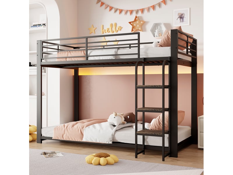  Lit superposé modenvie 90 x 200 cm en métal avec échelle à marches en mdf et rangement, noir  - Conforama B