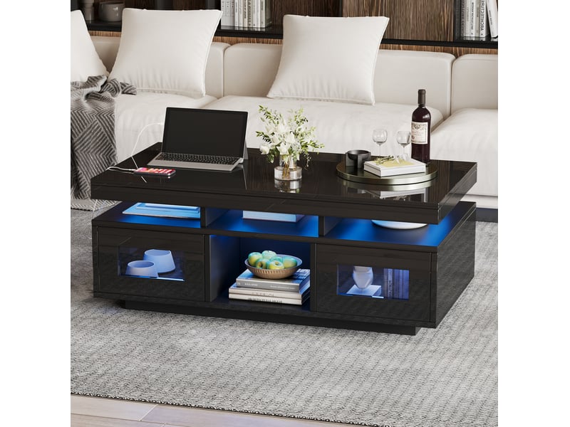  Table basse noire brillante 100 x 50 x 43 cm avec led rgb, rangement et prise usb  - Conforama D