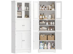 Armoire de salle de bain haute, meuble de rangement à 6 portes (2 portes vitrées et 2portes à persiennes), étagère réglable, blanche, 6 x 30 x 170,5cm
