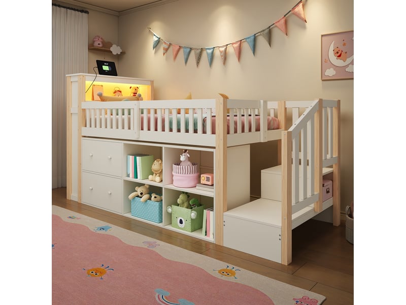 Lit mi-hauteur 90x200 cm, placard‑échelle, avec éclairage led usb usb-c, rangements en niches, bois et mdf naturel et blanc sans matelas - Conforama D