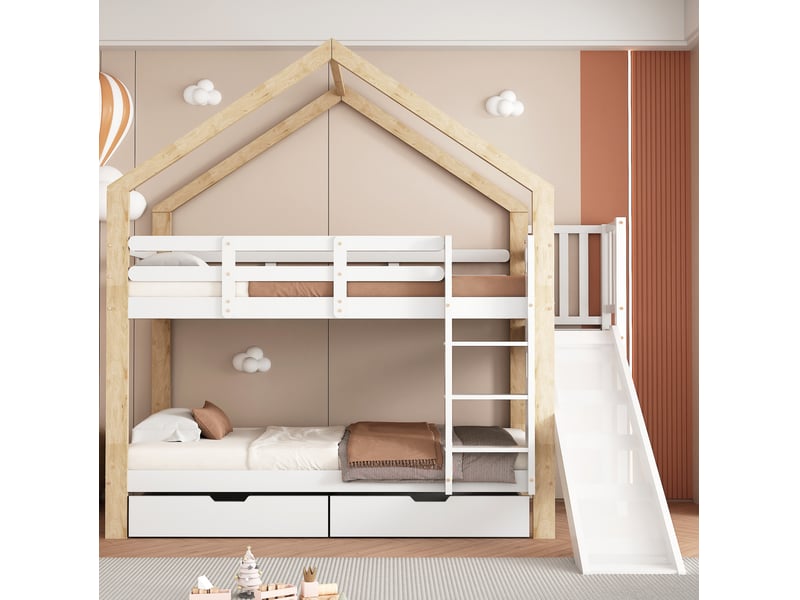  Lit superposé 2 places avec toboggan, 2 tiroirs et barrière, 90 × 200 cm, sans matelas, blanc et naturel  - Conforama D
