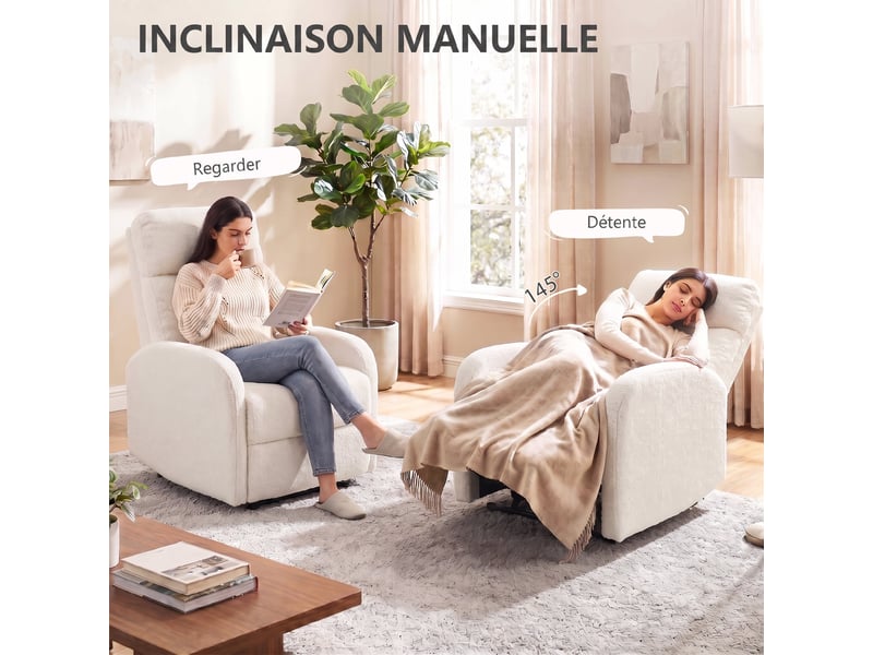  Fauteuil relax inclinable, fauteuil de relaxation en peluche teddy, assise à ressorts, accoudoirs rembourrés, crème  - Conforama D