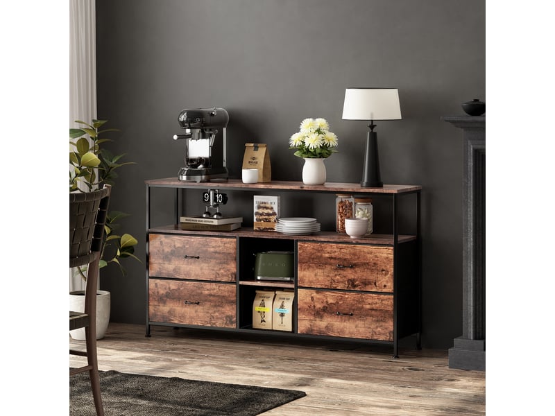  Meuble tv - 108x29,8x76,8cm - avec 4 tiroirs et étagère ouverte, éclairage led - bois rustique  - Conforama B