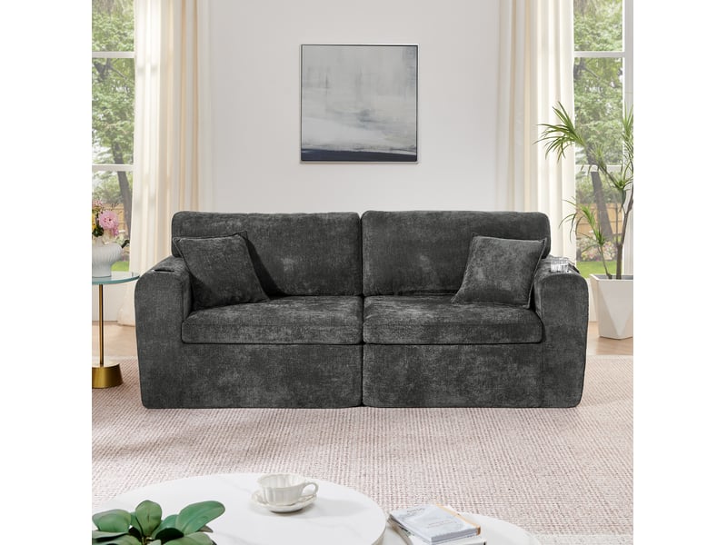 Canapé de relaxation 2 places 220x100x89 cm compact avec porte-gobelet, poche latérale, coussins et chargement usb noir - Conforama B
