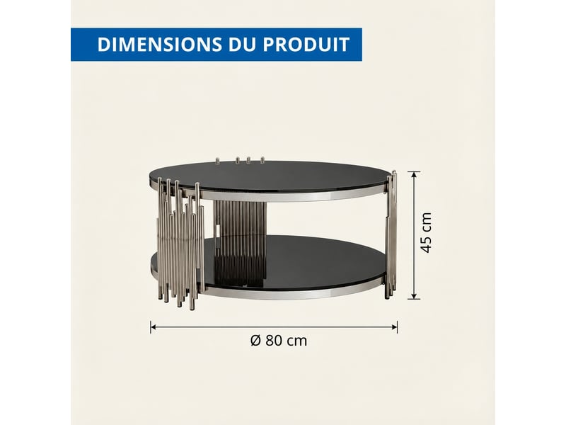  Table basse ronde en verre noir muvano, double plateau en verre trempé, piètement en acier inoxydable argenté, 80 cm  - Conforama E