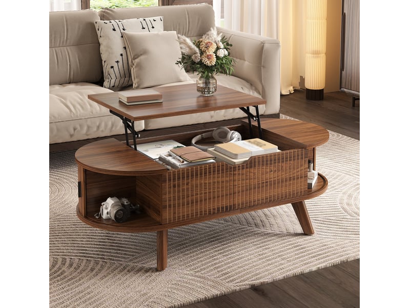 Table basse ovale 110x50x53,5 cm coloris noyer avec plateau relevable - Conforama E