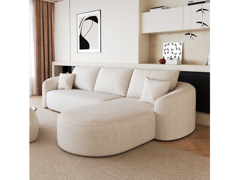  Canapé d'angle 4 places modulaire sans montage, assise en mousse, en tissu chenille blanc  - Conforama C