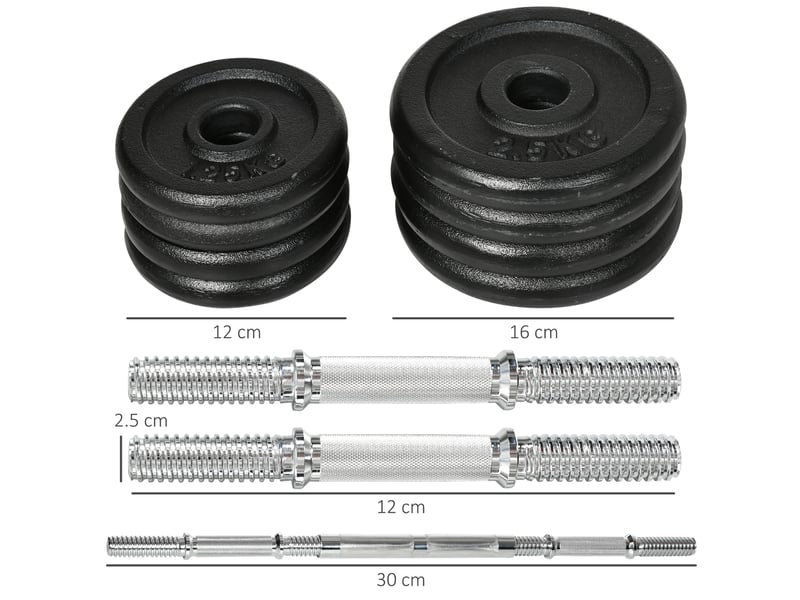 Set d'haltères réglables 20 kg 95 x 16 x 16 cm noir en fer, haltères courts et barre longue avec raccord - Conforama C