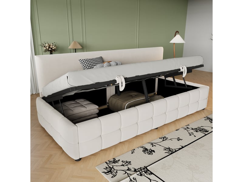  Lit banquette 90 x 200 cm beige en velours avec coffre hydraulique, dossier sans accoudoirs, motif damier bas et sommier à lattes chambre  - Conforama C