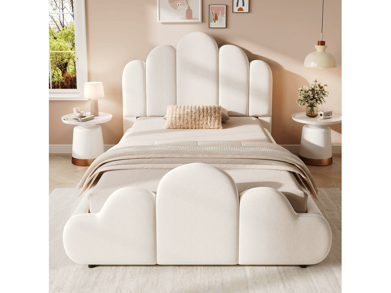  Lit enfant rembourré modenvie 90 x 200 cm avec sommier à lattes, tête de lit rembourrée, coins arrondis, velours beige  - Conforama E