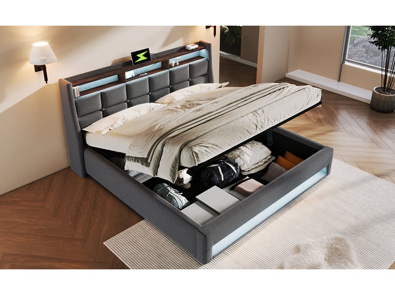 Lit double 160x200 cm en tissu lin, cadre métallique, tête de lit led, sommier et matelas inclus - Conforama D
