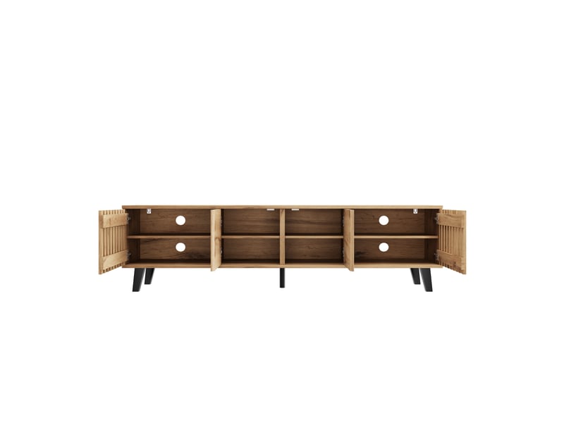  Meuble tv bois naturel 180x40x55 cm, 8 compartiments, support écran jusqu’à 70 pouces, design épuré pour salon  - Conforama E