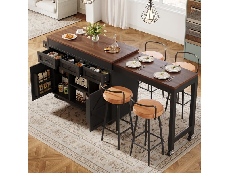  Îlot de cuisine avec table extensible et rangement, 131,5 à 210 cm, mdf noir  - Conforama B