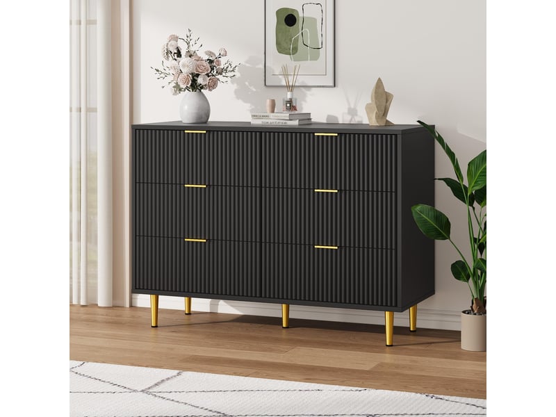 Commode 6 tiroirs moderne - grand espace de rangement, anti-basculement façade ondulée, poignées et pieds dorés, 100x40x75cm-noir PHK_35LS575A - Conforama A