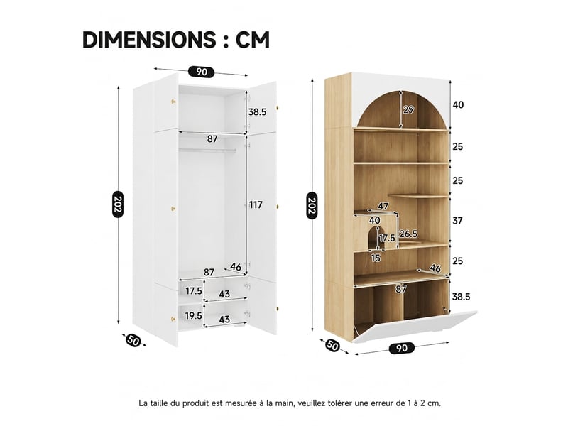  Armoire multifonction 3 en 1 ensemble vestiaire avec penderie et mur d'escalade  270x50x200cm blancbois  - Conforama R