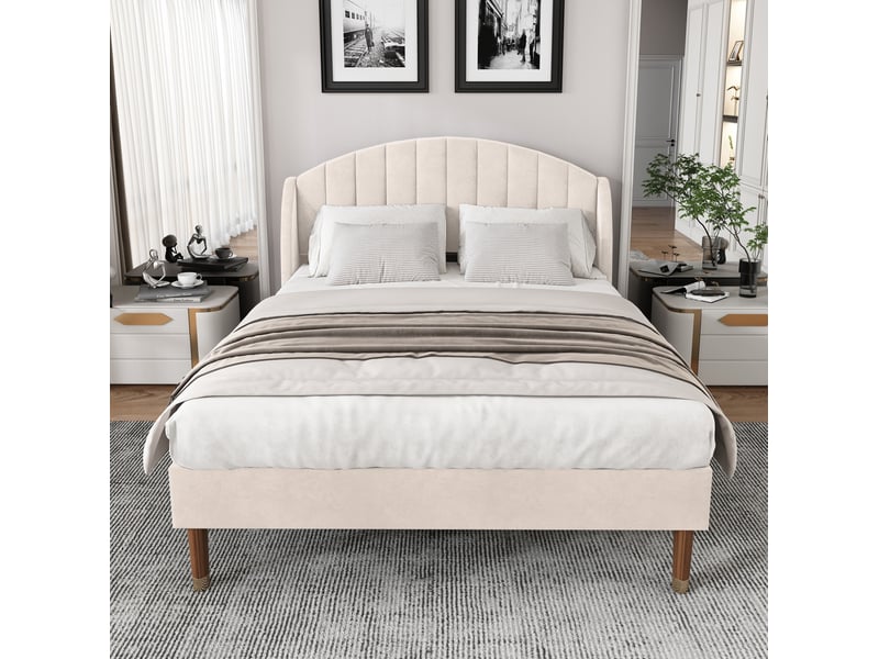  Lit 2 places 140 x 190 cm en velours beige avec sommier à lattes et tête de lit  - Conforama D