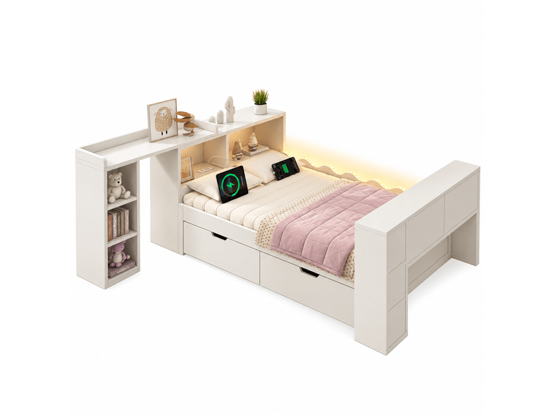  Lit simple 90x200 cm avec 2 tiroirs, led, station de charge, bureau coulissant et tête de lit flexible, blanc  - Conforama A