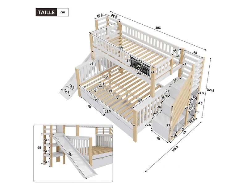  Lit superposé enfant avec toboggan 140x200 et 90x200 - rangement et escalier - bois massif blanc  - Conforama C