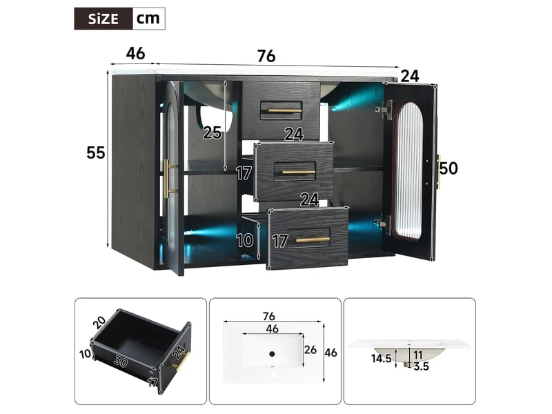 Meuble vasque mural 76x46x55 cm, meuble salle de bain avec led, porte en verre cannelé, tiroirs et étagères réglables, mdf, noir Bliss Lite - Conforama C