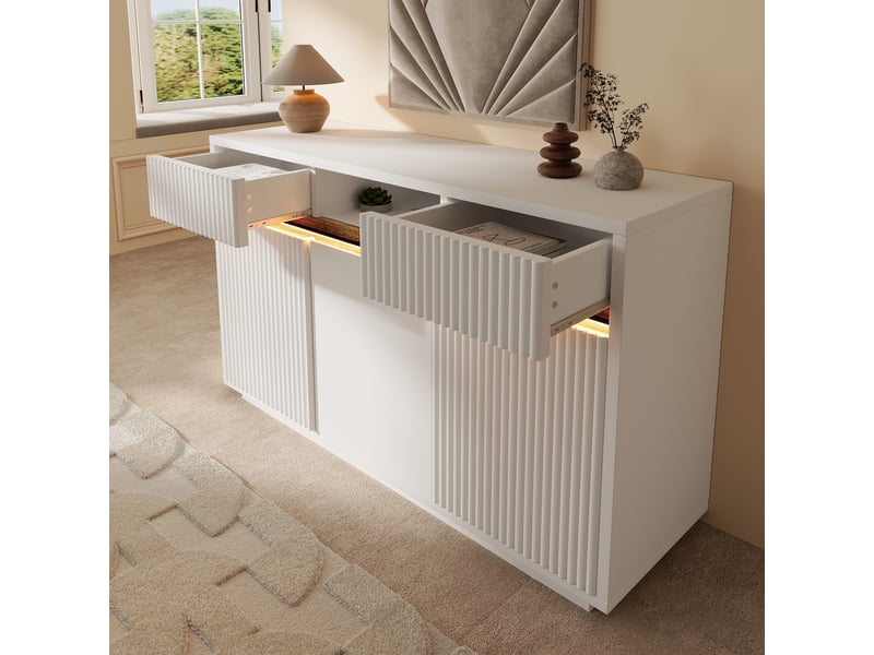 Buffet led 140x40 cm, meuble de rangement avec 3 portes et 2 tiroirs, étagères réglables, commode moderne en mdf - blanc - Conforama D