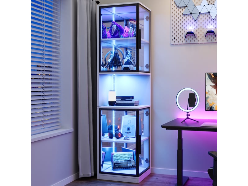  Vitrine led 205 cm avec portes vitrées fond miroir niche ouverte blanc Bliss Lite - Conforama D