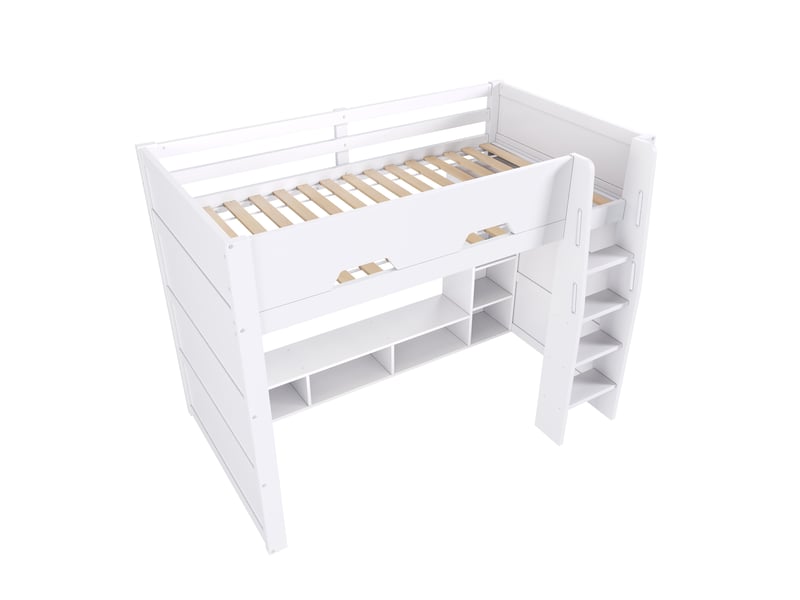  Lit mezzanine en bois, 90x200 cm, avec de nombreux espaces de rangement et éclairage led, blanc  - Conforama E