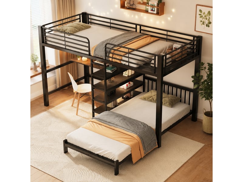  Lit mezzanine 2 places 90×200 cm avec bureau et rangements - okmyhome- usb et usb-c, sans matelas, noir  - Conforama C