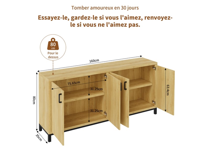  Buffet 160x35x80 cm - meuble de rangement style industriel &amp; scandinave, 4 portes, étagères - naturel  - Conforama E
