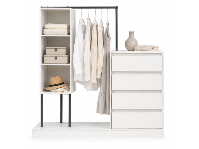  Meuble de rangement avec 4 tiroirs, 3 niches ouvertes et penderie pour chambre ou entrée, blanc, 100 × 40 × 135 cm  - Conforama A