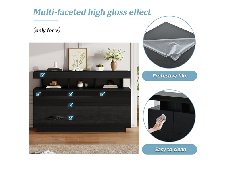  Buffet laqué moderne 140x35x80 cm, avec éclairage led réglable, 3 tiroirs, 2 portes battantes, plateau acrylique, noir  - Conforama D
