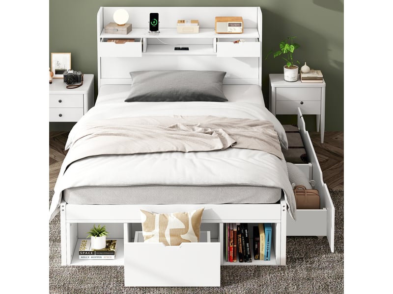  Lit simple enfant 90x200 cm, lit multifonction avec rangement, tiroirs et placard intégré, usb et type-c, bois blanc Radiant Stride - Conforama D