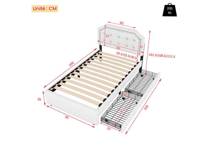  Lit avec tiroirs 90×200 cm en lin et mdf, lit simple avec 2 tiroirs et tête à hauteur réglable, sans matelas  - Conforama D