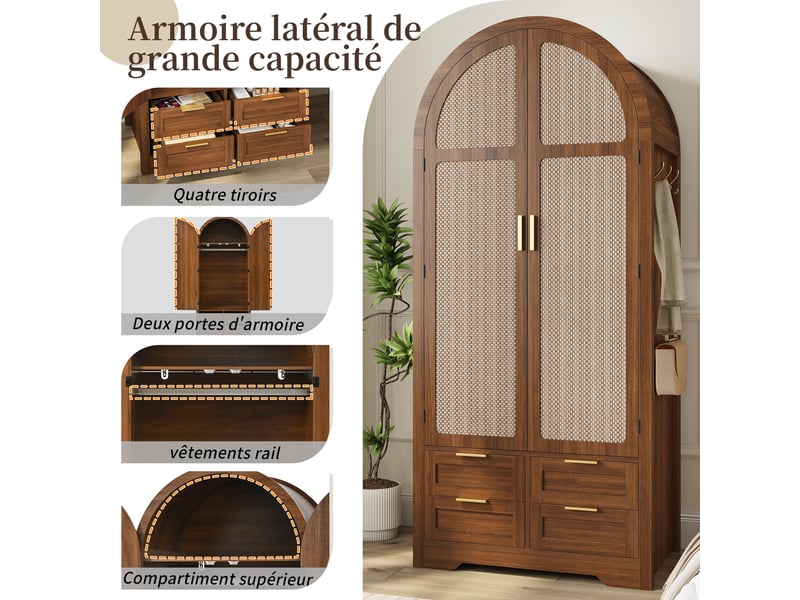  Armoire penderie 80x50x180cm, portes cintrées avec panneaux en rotin, tringle, étagères et tiroirs bas, pieds surélevés, mdf effet noyer mat  - Conforama E
